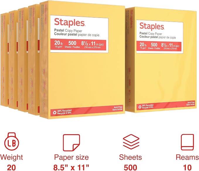 Staples Pastel 30% Recycled 8.5" x 11" Color Copy Paper, 20 Lbs., Canary, 5000 Sheets/Carton