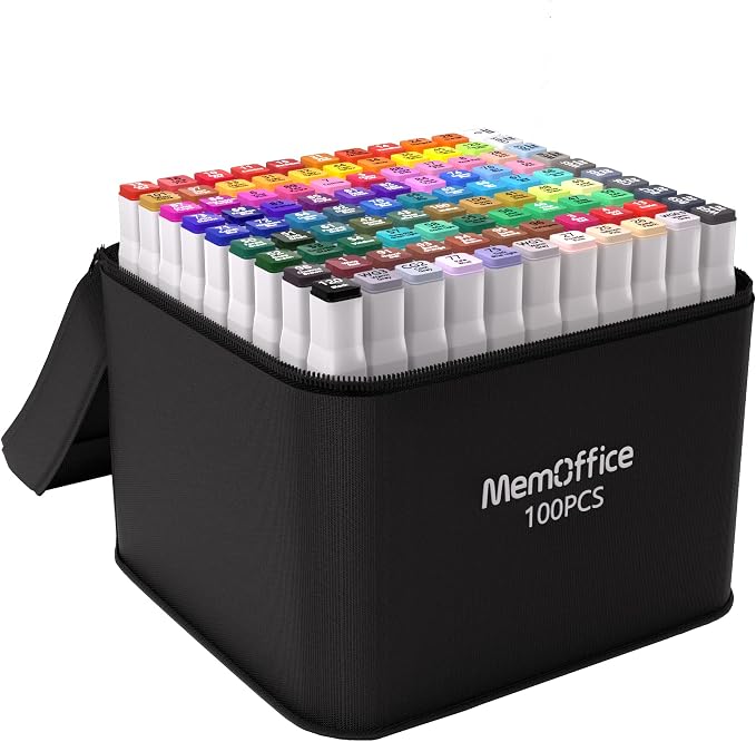 MemOffice Alcohol Markers, 100 Vibrant Colors, Dual Tip Art Markers Set | Adults, Beginners, Coloring, Drawing, Sketching, Seamless Blending, Quick-Drying Ink, Fine & Broad Tips, Color-Coded Caps