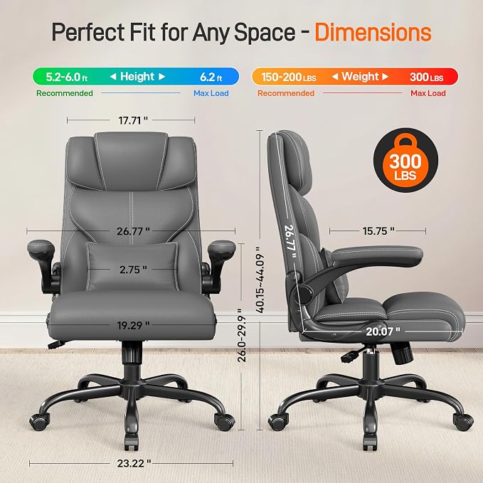 Office Chair, Executive Mid-Back Computer Desk Chair with Flip-up Armrests | 300 Lbs Ergonomic Leather Swivel PC Chair with Rock Function for Working Studying (Gray)