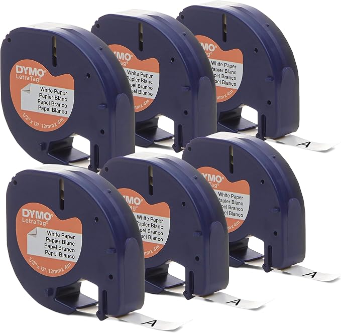 DYMO Authentic Lt Paper Labeling Tape for LetraTag Label Makers, 1/2" (12mm), Black Print On White Tape, (Pack of 30)