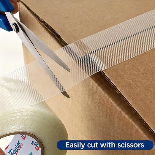Filament Strapping Tape 2" x 60Yd 2 Rolls Fiberglass Reinforced | Heavy duty fiberglass reinforced strapping tape for shipping, pallet securing and industrial bundling