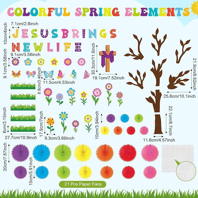 76 Pcs Christian Spring Classroom Bulletin Board Set 3D DIY Paper Fans Flower Tree Bulletin Board Jesus Brings New Life Cutouts Religious Cross Wall Decor for Spring Easter VBS Sunday School