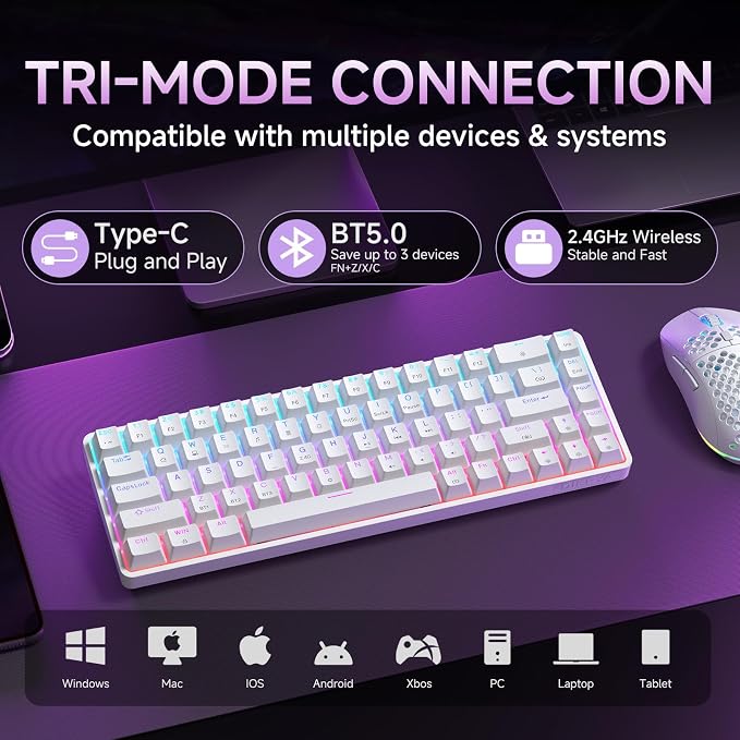 DIERYA DK68 60% Wireless Mechanical Gaming Keyboard, 3-Mode, Bluetooth 5.0/2.4G/USB-C, RGB Backlit, 68-Key Compact Mini for Windows, Mac, Linux - Linear Red Switch - White
