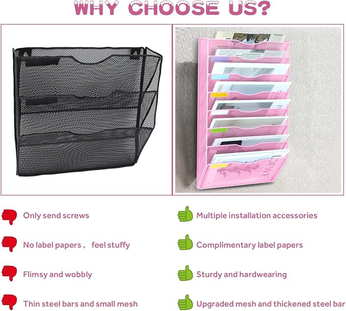 8 Pockets Mesh Wall File Holder Organizer Office Hanging File Folder Magazine Rack, Nametag Label Hooks Set Included (Pink)