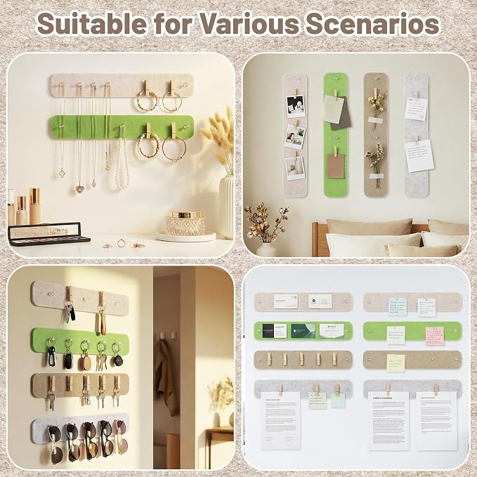 8 Pack Felt Bulletin Board Strips, 13x2 Inch Pin Board, Cork Boards | Self Adhesive, Includes 50 Pushpins and 10 Wooden Clips Push Pins, for Walls Home School Office Decor (Natural Earth Tones)