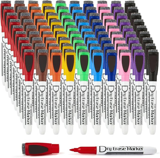 Volcanics Magnetic Dry Erase Markers With Eraser Low Odor Fine Tip Whiteboard Markers White Board Pens Pack of 90,10 Colors for Office