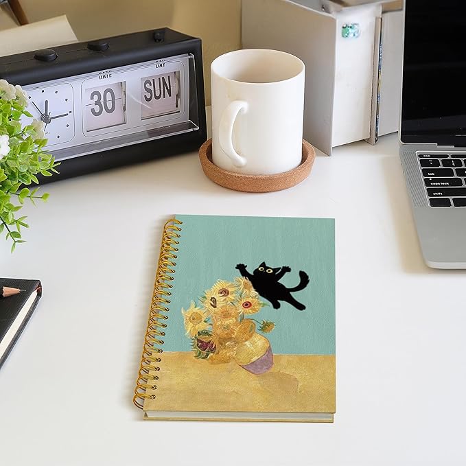 ROXMART Abstract Sunflower Black Cat Spiral Notebook, Cats Lover Gifts Journal, Black Cat Gifts for Women, Whimsical Floral Kitty Kitten Hardcover Notebook Journal, 5.5x8.3 Inch