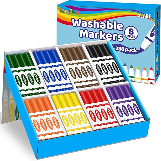 Washable Markers Bulk (288 Count), 8 Assorted Colors, Washable Markers for Kids Classroom School, Broad Tip Durable for Back to Classroom Art School Supplies Essentials