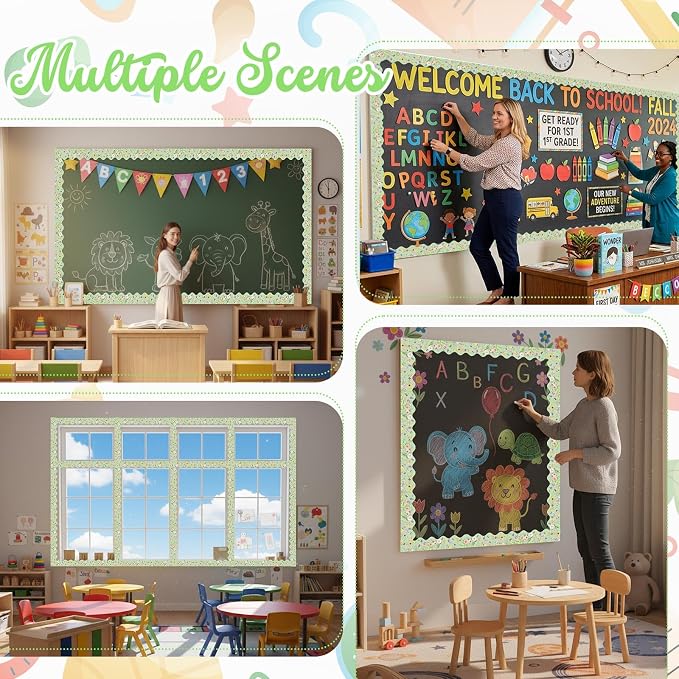 32.8 Ft Green Wildflower Bulletin Borders Classroom Scalloped Trim | Wildflower Butterfly Design for Classroom, Office Party Wedding Decor, Scalloped Edge Paper Strips, Easy to Cut