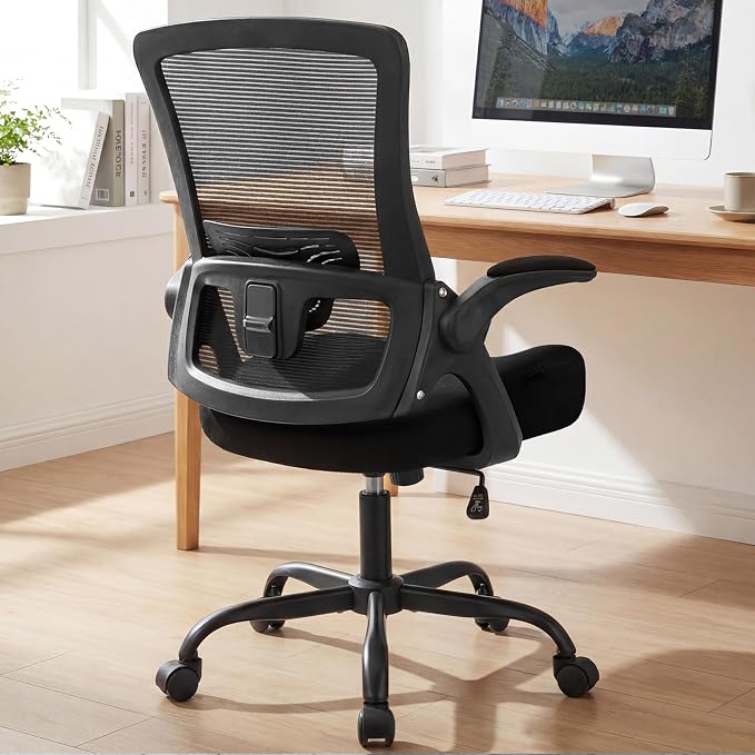 NEO CHAIR Office Desk Mesh Chair with Adjustable Ergonomic Lumbar, Black | Breathable Mesh Back Support with Flip-Up Armrests and Wide Seat Cushion for Comfortable Home Office Work and Gaming Setup
