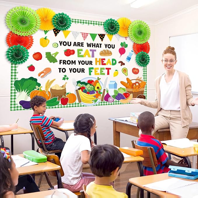 77 Pcs Cafeteria Bulletin Board Decorations with 3D Paper Fans | Nutrition Classroom Bulletin Board Set, Healthy Plate Fruit Vegetable Cutouts, Back to School Wall Door Decor Supplies