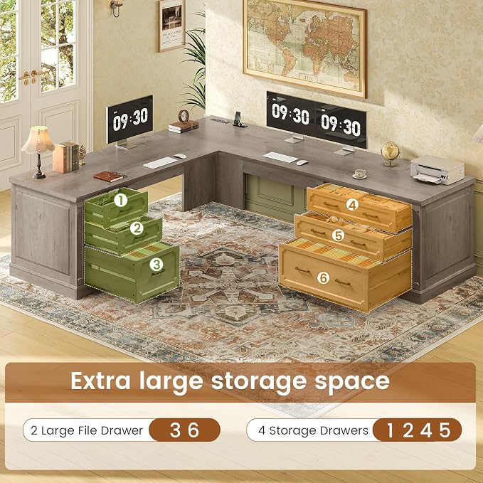 SEDETA Farmhouse 78.8" L Shaped Desk with 6 Drawers, Home Office Desk with Power Outlet, File Cabinet Storage, Wood Corner Computer Desk for Work and Study, Gray
