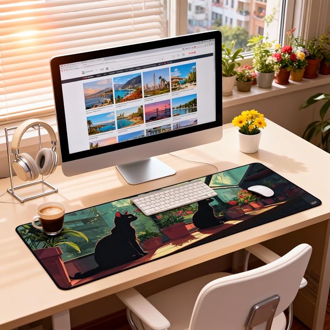 Cute Anime Black Cat Gaming Mouse Pad, Forest Green Anime Desk Mat with Anti-Slip Base & Stitched Edges,35.4" x 15.7" in Desk Accessories for Women, Home Office Decor & Artistic Gift