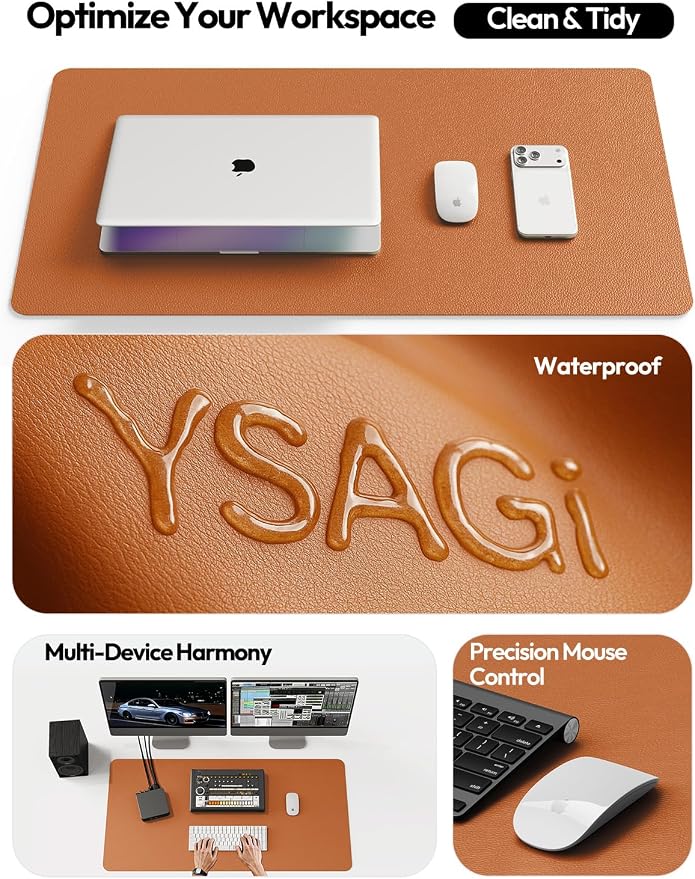 YSAGi Desk Pad Protector, Large Mouse Mat, Non-Slip PU Leather Waterproof Laptop Desk Blotter/ Writing Pad for Office and Home (23.6" x 13.8", Brown)