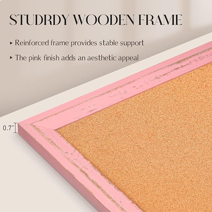 Cork Bulletin Board, 36" x 24" Corkboard for Wall, Pink Wooden Frame, Hanging Pin Board Tack Board for Home Office Decor, 10 Push Pins