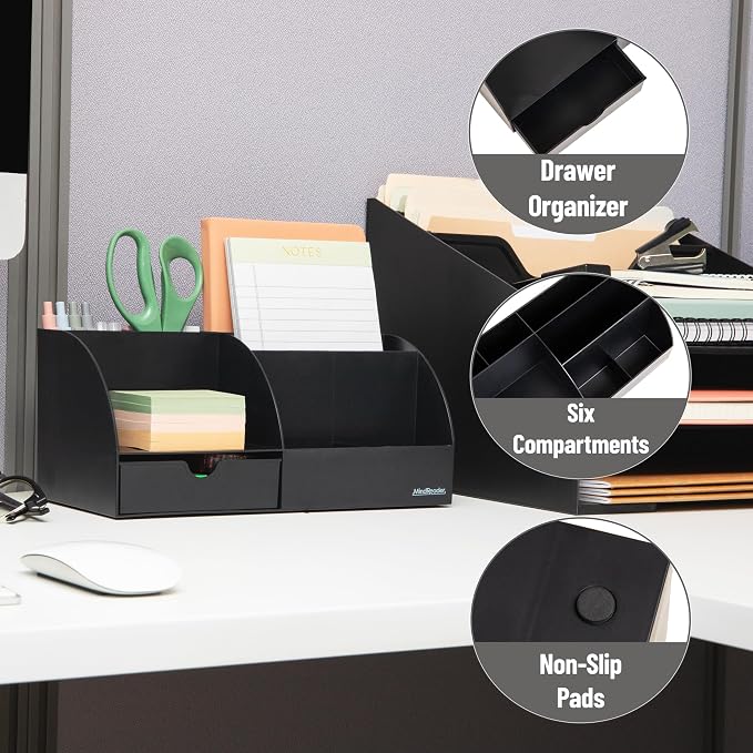 Mind Reader 7 Compartment Desktop Organizer, Plastic, Black | Office Desk Organizer, For Pens, Mail and Accessories, Workspace Organizer