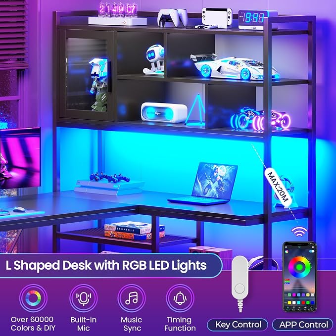 SEDETA L Shaped Computer Desk with Storage Shelves and Bookshelf, Black | 58'' Reversible Office Desk with LED Light, Glass Door Cubby, L Shaped Corner Desk for Gaming, Two Monitors, Small Space
