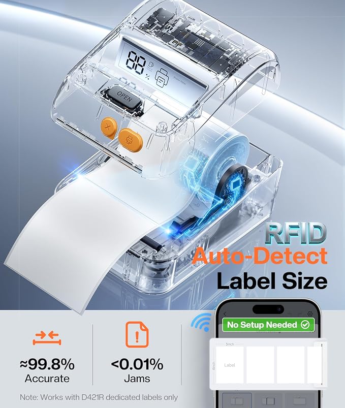 Phomemo Shipping Label Printer with Screen and Built-in Label Bin | D421R 4x6 Bluetooth Thermal Printer with RFID Auto Detection, Real-time Paper Display, Compatible with iPhone, Android