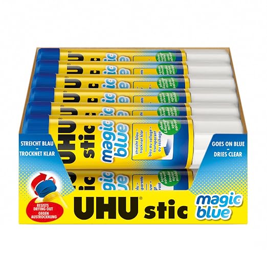 UHU Stic Magic Blue Colored Glue Stick, 12-Pack Bulk Set: 40g Sticks – Applies Blue & Dries Clear, Washable – All Purpose School & Craft Adhesive for Kids, Scrapbooking, Office & Home Use
