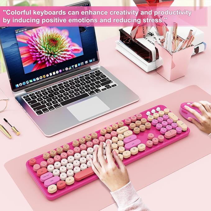 SkyGive Wireless Keyboard and Mouse Combo, Ergonomic Full Size Typewriter Retro Round Keycaps Keyboard, Compatible with Windows, PC, Perfer for Home and Office Keyboards （Red）