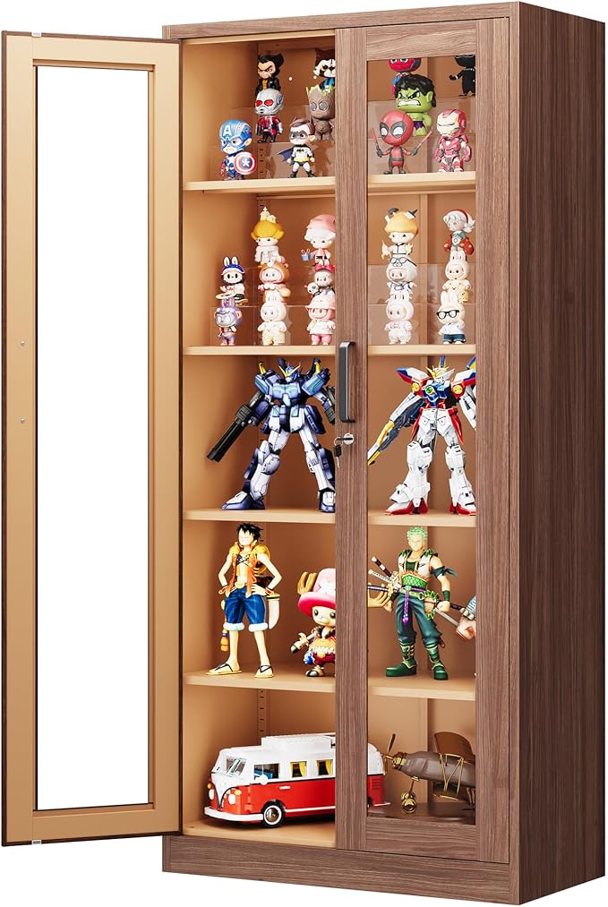 PEUKC Display Cabinet with Glass Doors, 71 Inches Metal Display Case with 4 Adjustable Shelves, Curio Storage Cabinet with Lock for Home, Office, Book, Pantry, Assemble Required (Wood Color)