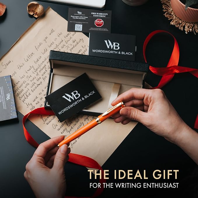 Wordsworth & Black Luxury Fountain Pen Set for Writing, Medium Nib, Orange | Gift for Men & Women, Brass Body, 18K German Iridium, Calligraphy, Converter + 24 Ink Cartridges, Refillable, Leak-Free