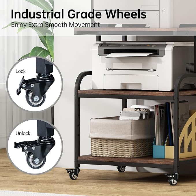 Fannova Large Printer Stand Table with Height Adjustable Storage Shelf | 23.6"x18.9"x30", Metal Frame, Industrial Wheels, 3 Tier Rolling 3D Printer Cart for Home Office Organization, Rustic Brown