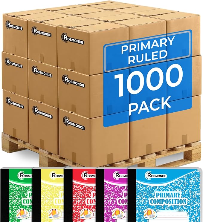 Primary Composition Notebooks Bulk, 1000 Pack, Color Marble Bulk | Pallet of Composition Notebooks, 100 Sheets (200 Pages), 9-3/4 x 7-1/2, Bulk Notebooks for Grades K-2, 4-7 Days Transit