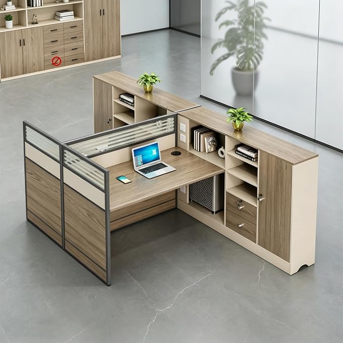 Modern Office Workstation Desk with Side Storage Cabinet, Tempered Glass Privacy Panels, USB Charging Hub & Cable Management, Modular Cubicle Desk for Office Work (B - Right, 2P)