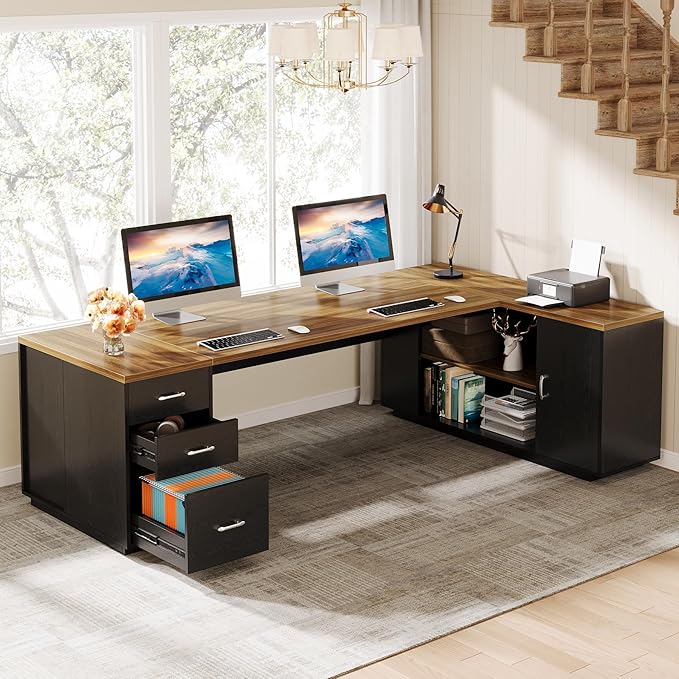 Tribesigns 85.8-Inch L-Shaped Executive Desk, Extra Large Modern Office Desk with File Drawers, Door Cabinet & Shelves, Commercial Office Table, Home Business Workstation, Brown & Black