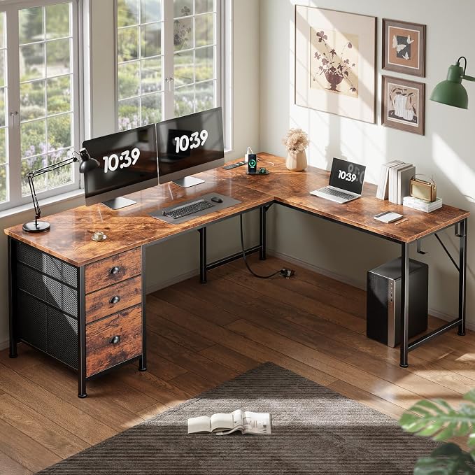 Furologee 63" L Shaped Desk, Office Corner Desk with Power Outlets, Brown | 2 Drawers & File Cabinet, USB & Type-C, Reversible Design, 2 Headphone Hook, Sturdy Frame, Computer Table for Gaming, Study
