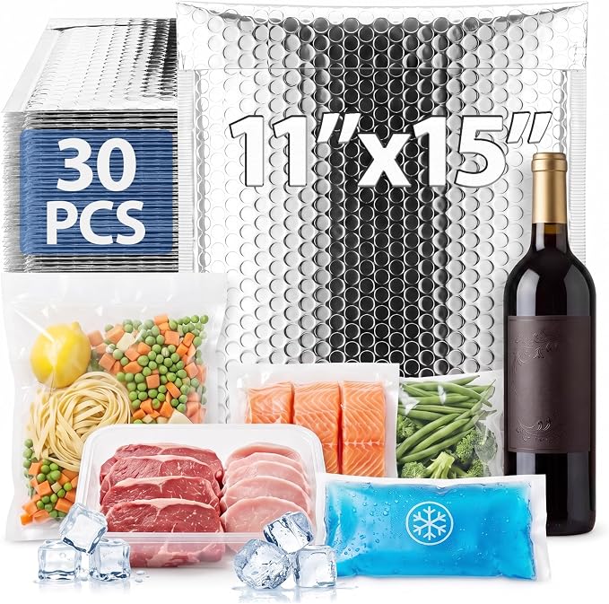 30 Pack 11 x 15 Inch Insulated Bubble Mailers, Silver | Self Adhesive Closure, Foil Lined Interior, Padded Cushioning, Waterproof, Cold Delivery Packing, for Food and Cosmetics