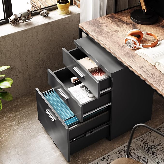 DEVAISE 3 Drawer File Cabinet, Wood Under Desk Filing Cabinet, Black | Rolling Printer Stand, Small Storage Cabinet with Wheels, Fits Legal/Letter/A4 Size, Home Office