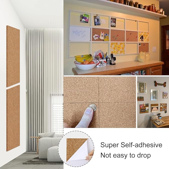 NACHLYNN Cork Board 12 Pack 17 x 8 Square Bulletin Board for Wall Self-Adhesive Corkboards with 100 Push Pins Frameless Cork Tiles for Walls Home Office