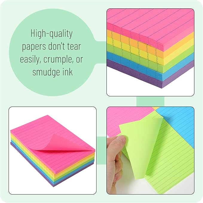 Mr. Pen- Lined Sticky Notes 4x6, 6 Pads, 60 Sheets/Pad, Assorted Colors, Sticky Notes with Lines, Sticky Note Pads, Colorful Sticky Notes, Mr Pen Sticky Notes, Stocky Notes for Bible Journaling