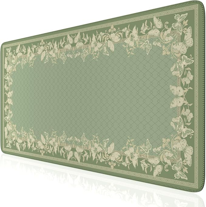 iCasso Floral Desk Mat for Keyboard and Mouse,Cute Mouse Pad,Light Green | Anti-Slip Desk Matt for Desktop,Soft Lycra Surface Computer Mat Women,Girly Big Mousepad for Home Office