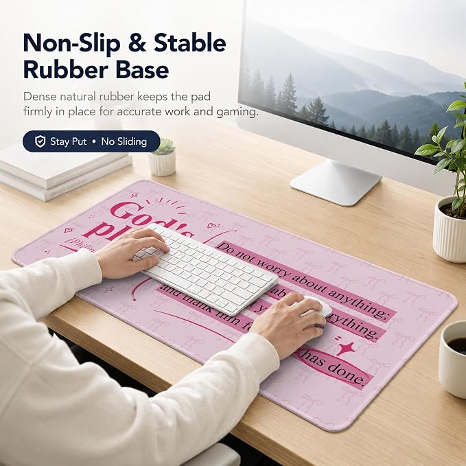 Pink Bow Christian Bible Verse Mouse Pad Large 31.5x15.7inch,M008 | Philippians 4:6 Pink Bow Christian Large Mouse Pad for Work Computers Laptop Office Desk Accessories, Girly Office Supplies