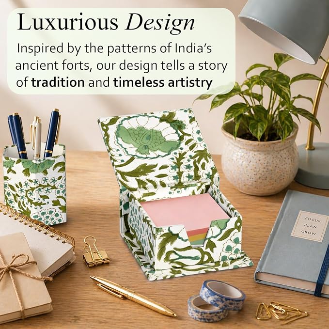 CPC Agate Green Block Print Cotton Desk Organizer Sticky Note Holder | Cute, Aesthetic, Decor Accessories, Workspace Organizers, Caddy Storage, Gift for Office, Professionals, Student