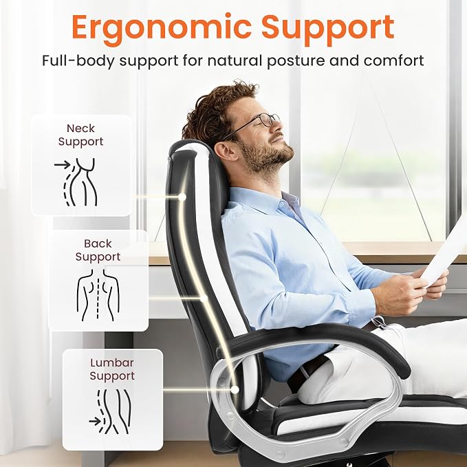 NEO CHAIR Office Desk Chair PU Leather Chair with Lumbar Support, Black | Ergonomic High Back Executive Computer Chair, Comfortable Padded Fixed Armrests Swivel Chair with Wheels for Office/Home