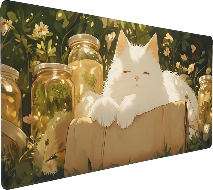Cute Anime White Cat Gaming Mouse Pad, Forest Green Warm Healing Desk Mat with Anti-Slip Base & Stitched Edges, Computer Keyboard & Laptop Pad, 35.4" x 15.7" in in Workstation Accessories