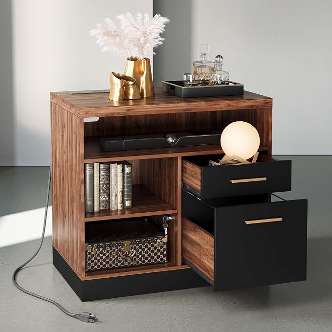 2 Drawer Lateral File Cabinet with Lock for Home Office | Filing Cabinet for A4 / Letter Documents, 31.5"W * 19.5"D * 29.5"H, Credenza w/ Built-in Power Outlet, Printer Stand