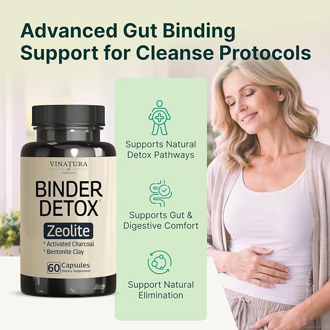 VINATURA Binder Zeolite Detox for Adults - Activated Charcoal, Zeolite, Bentonite Clay, Apple Pectin and More - Support Body Detox Cleanse with Binder Supplements, 60 Capsules