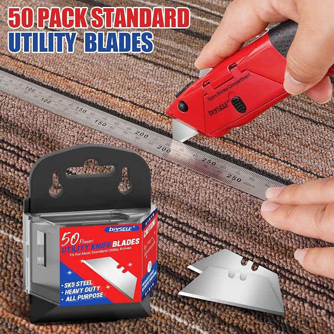 DIYSELF 50 Pack Utility Knife Blades, SK5 Steel Box Cutter Blades with Dispenser, Standard Blades for Box Cutter Utility Knife Replacement, Sharper Utility Blade, Refills | Standard replacement blade refills with dispenser for box cutters and razor kni...