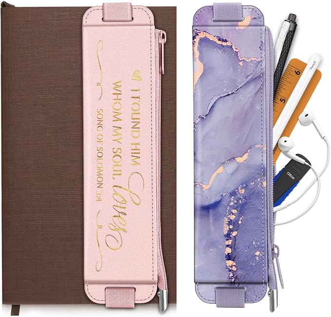 FINPAC 2-Pack Elastic Pen Holder for Notebook Leather Pen Holder | Stationery Zipper Bag for Pencils, Pen Pouch with Elastic Band for Bible Journaling, Planners, Tablets, Lilac Marble