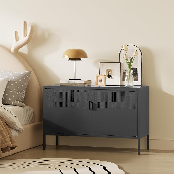 Metal Storage Cabinet,2 Door TV Stand, Metal Mesh Accent Cabinet | Magnetic Door Closure,Low Storage Cabinets with Doors and Shelf for Home,Office,Living Room