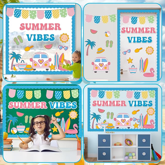 Hello Summer Bulletin Board Set Beach Theme Classroom Bulletin Board Decorations Surfing Tropical Palm Cutouts for Back to School Bus Teacher Supplies Nursery Home Chalkboard Wall Door Decor