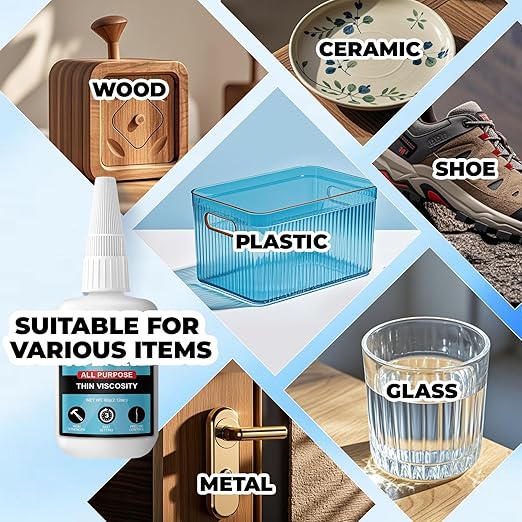 Thin Super Glue 60 Gram, All Purpose Clear Liquid CA Glue Repair Wood Ceramic Glass Plastic, Heavy Duty Cyanoacrylate Adhesive for 3D Print PLA Shoe Metal, Strong Bond and Instant Superglue
