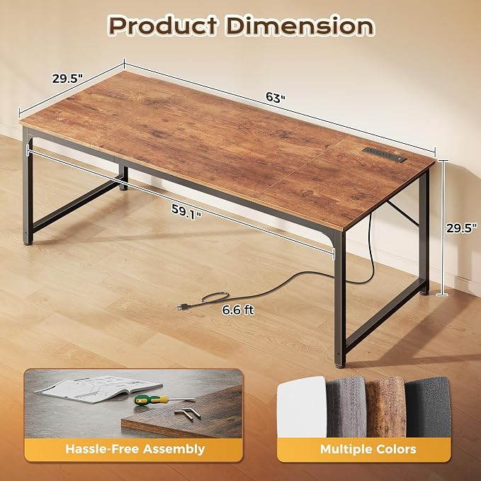 63 X 30 Inch Extra Deep Desk with Power Outlets | Long Computer Desk for Bedroom, Office Desk for Work from Home, Writing Study Gaming Table, Stable Metal Frame, Rustic Brown