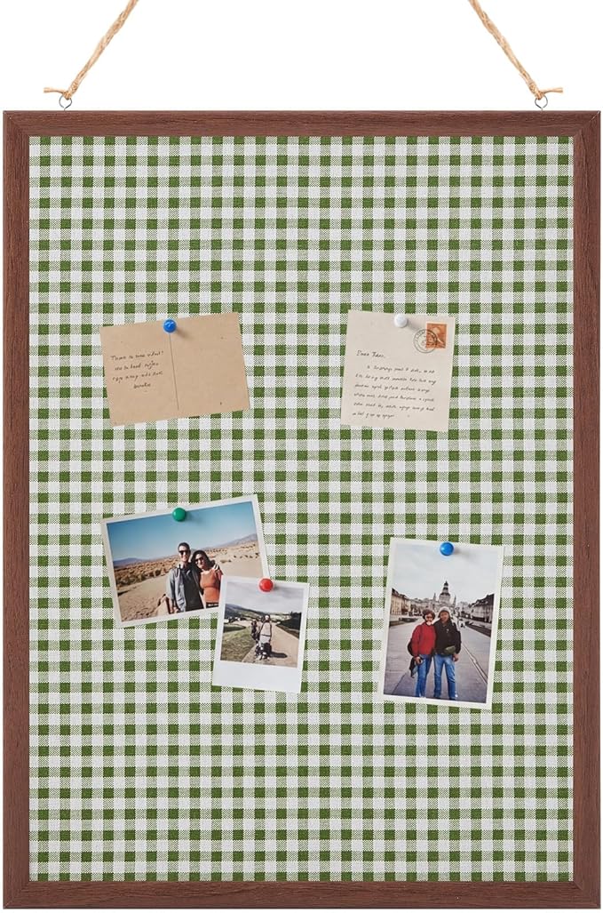 Leinuosen 17 x 23 Cork Board for Walls Decorative Cork Boards Green Gingham Home Decor Small Linen Bulletin Board Framed with Pins for Home Room School Office Decor
