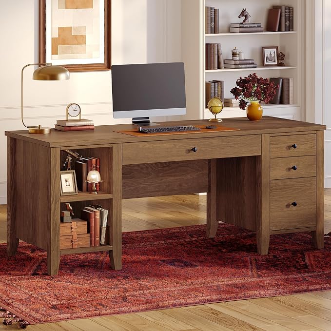 SEDETA Solid Pine Wood Computer Desk, 58'' Executive Home Office Desk with 4 Wood Drawers and Storage Shelves for Work Study Writing, Brown